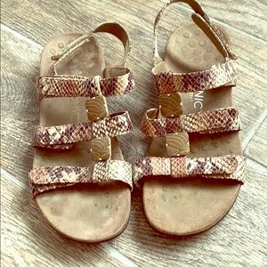 Vionic multi-strap sandal in snakeskin.